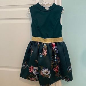 Green/gold/floral dress. Worn once. Size 7. No rips, snags or stains